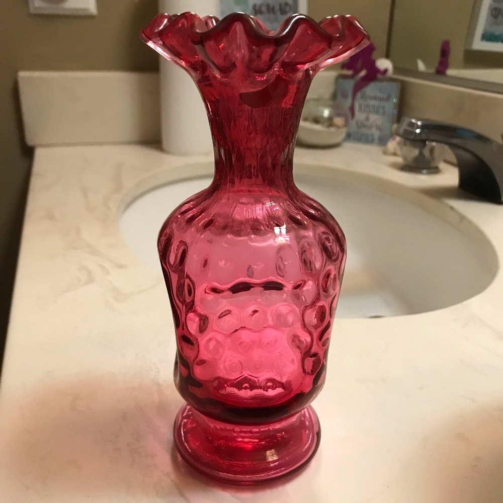 Vintage Cranberry Ruffle Edge Fenton Glass Flower Vase